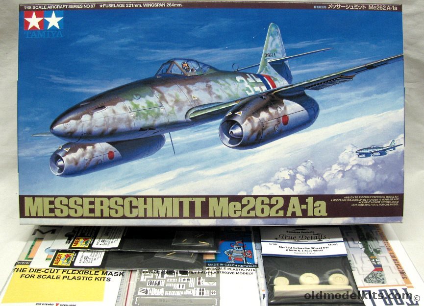 Tamiya 1/48 Messerschmitt Me-262 A-1a  + Eduard PE and Mast + True Details Wheels + Aber Guns + Eagle Strike Decals - With Factory Decals for 4 Aircraft, 61087 plastic model kit